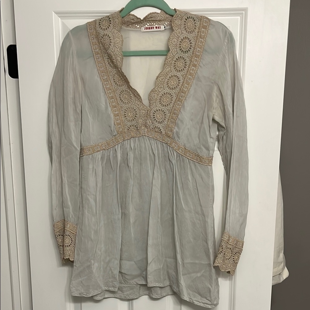 Johnny Was Cream Blouse with Beige Lace